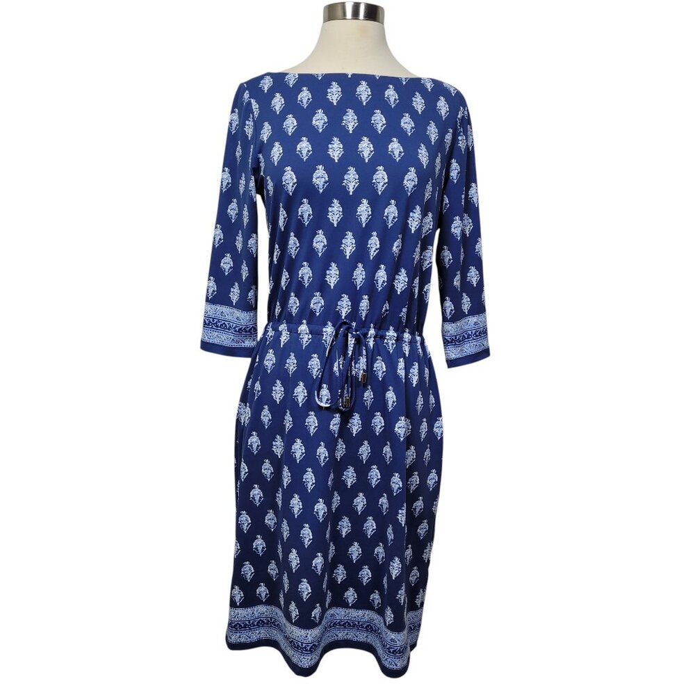 J. McLaughlin Women's Boat Neck Jersey Knit Drawstring Dress Blue White Size Med